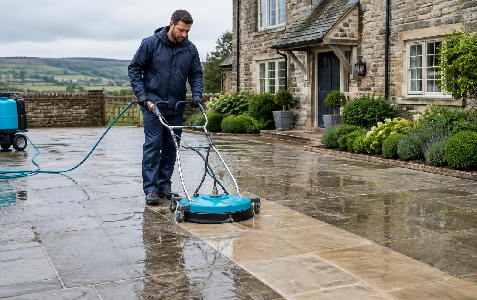 Exterior cleaning professional using a surface cleaner on a Yorkshire driveway